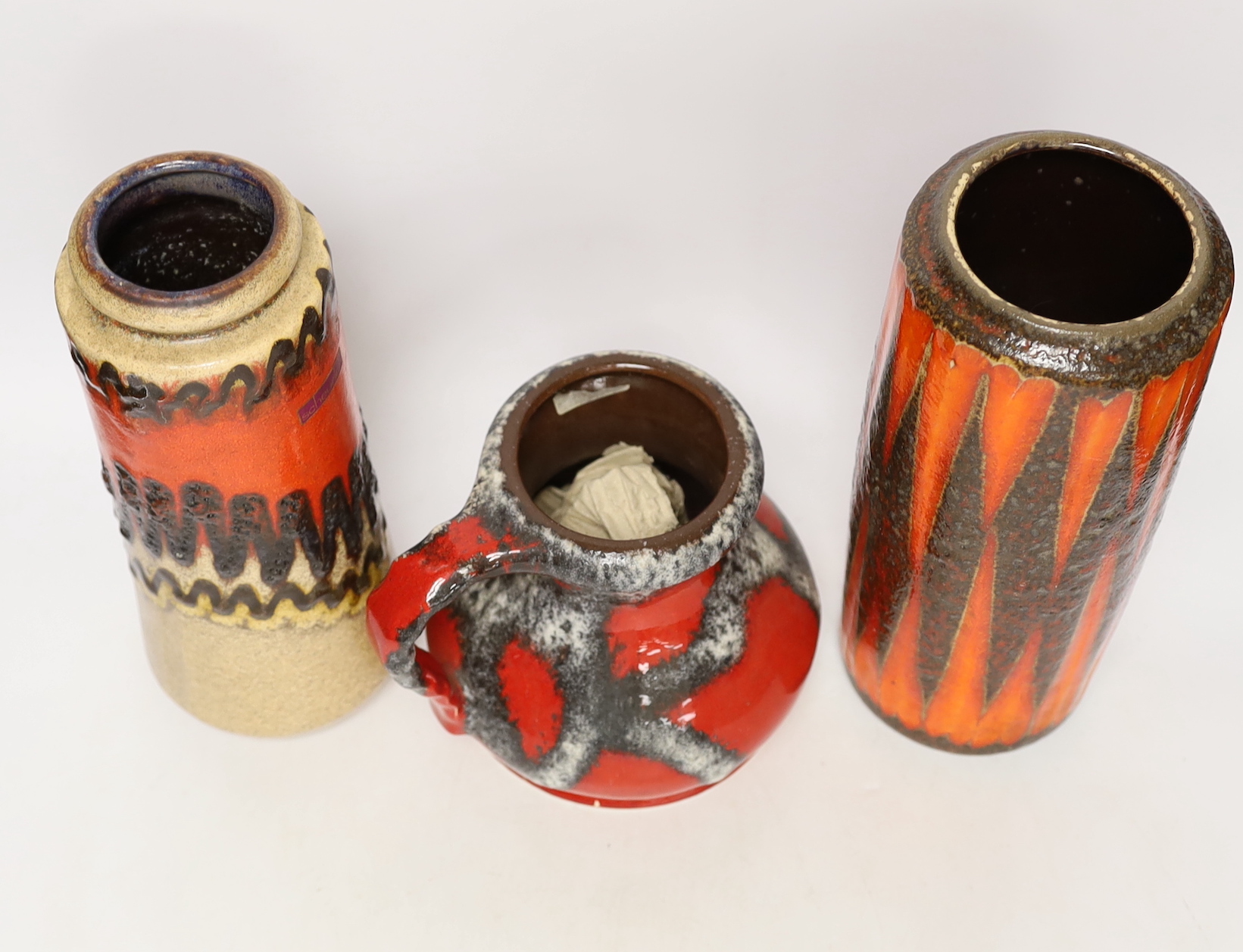 Three West German pottery vases, largest 28cm